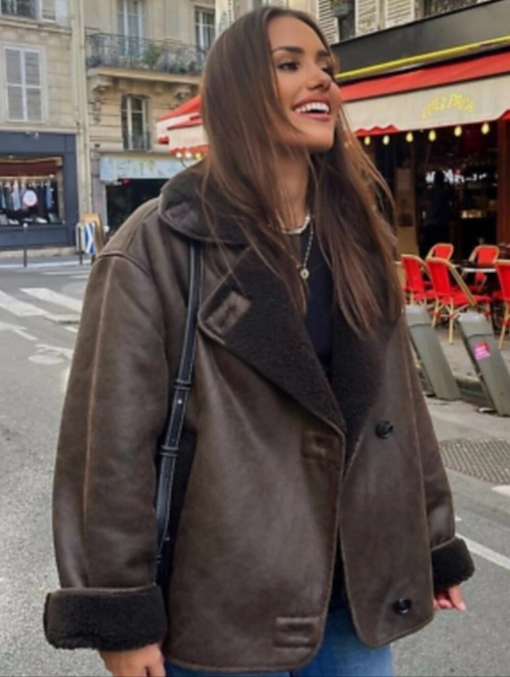 Zara Double Faced Jacket Oversized Shearling Lined Faux Leather Brown XL
